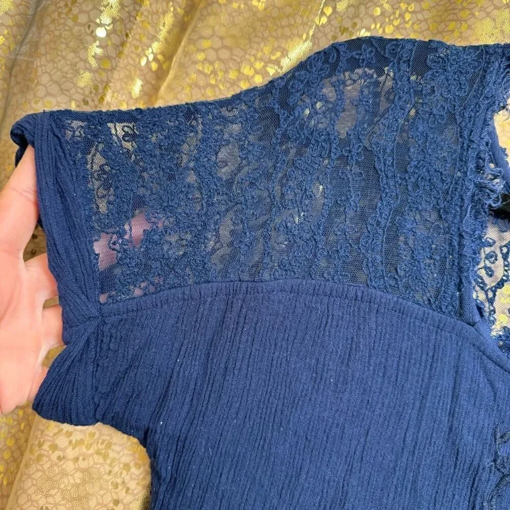 Free People Navy Blue Tiered Distressed Boho Lace Embroidered Dress Small
